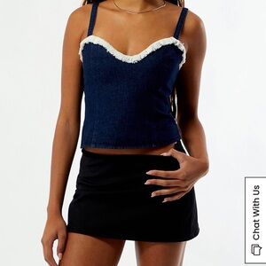 Denim Fringe Sweetheart Cropped Tank Top - Navy